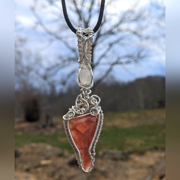 Sterling Silver Moonstone And Strawberry Rhodochrosite Pendant Necklace Handmade - Picture 9 of 17